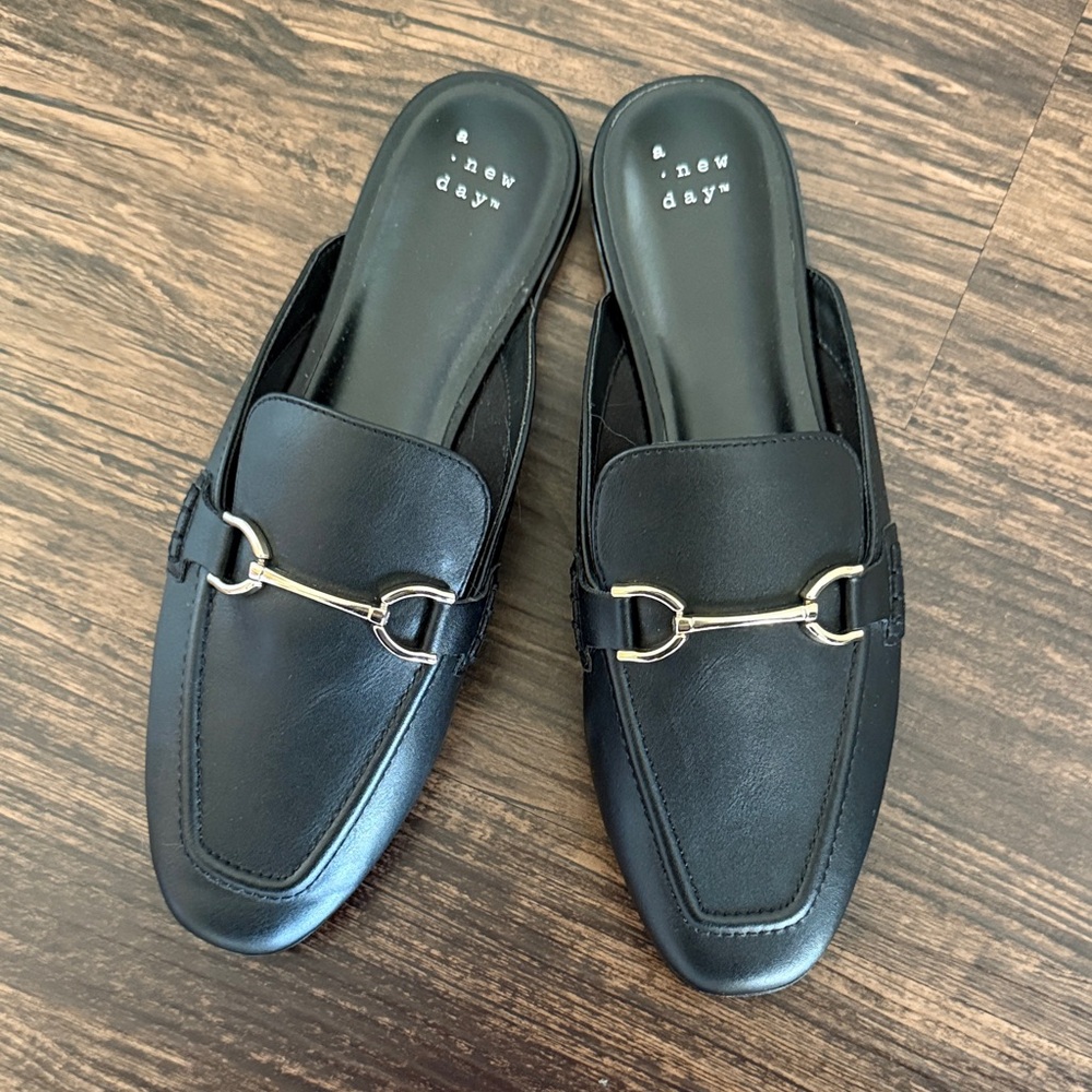 A New Day Black Mules with Silver Buckle Detail